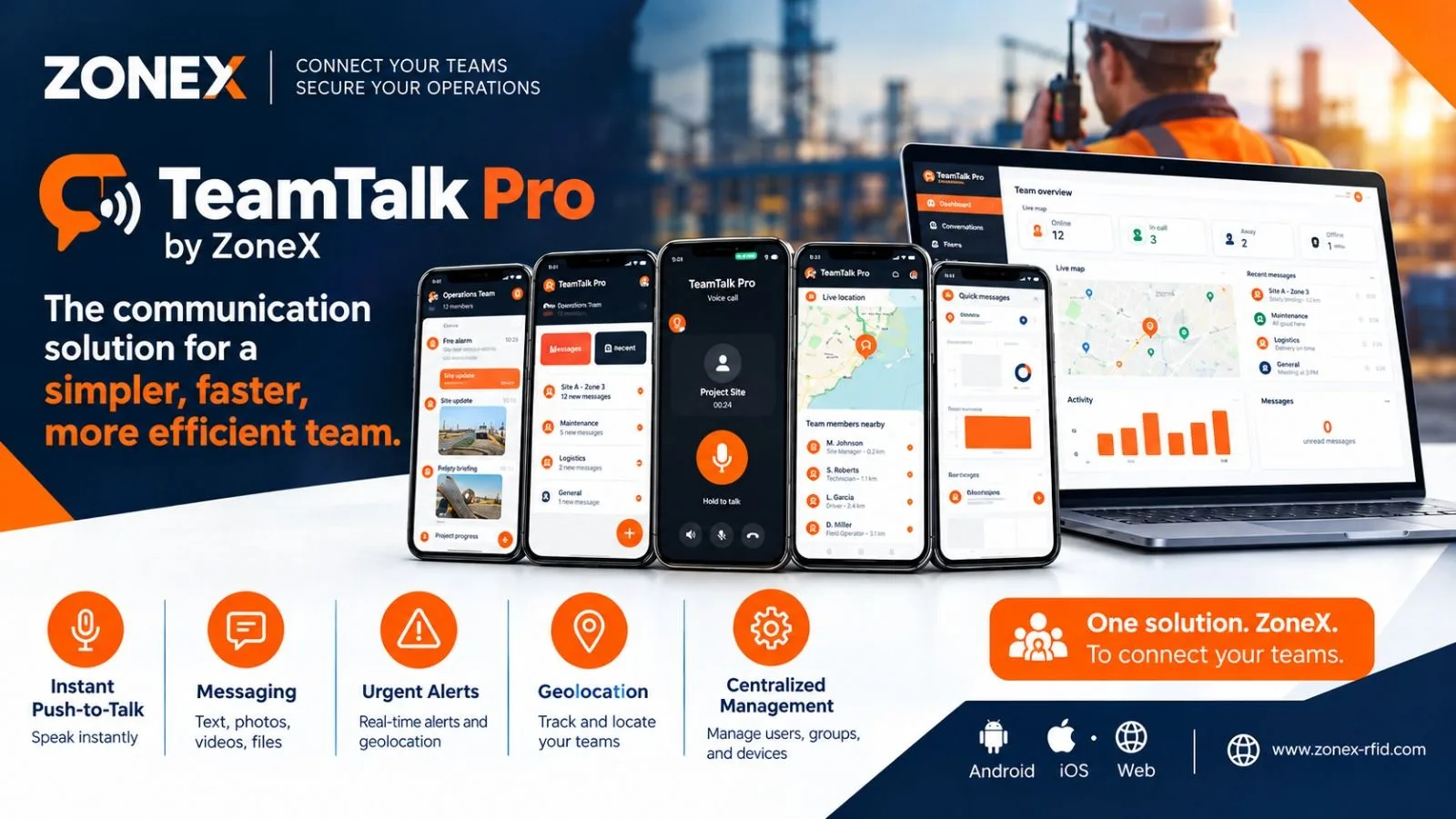 TeamTalk Pro app screens and web dashboard